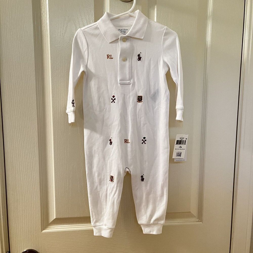 Ralph Lauren White Embroidered Schiffli Coverall Romper Boys Size 12 Months NWT